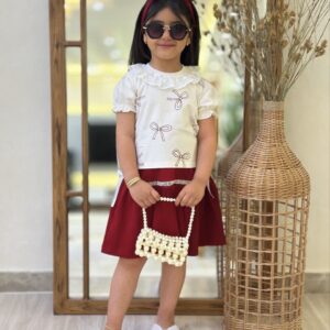 کراپ و دامن دخترانه یقه گیپور زرشکی