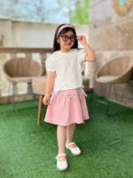 کراپ و دامن دخترانه یقه گیپور صورتی