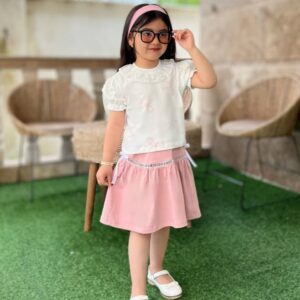 کراپ و دامن دخترانه یقه گیپور صورتی